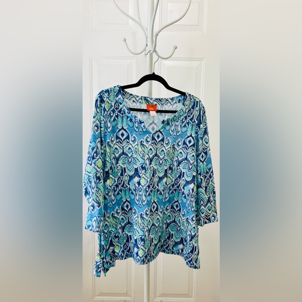 Women’s Hearts of Palm Quarter Sleeve Blue & Green Print Top